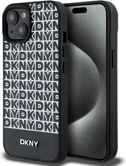 Ovitek za telefon iz umetnega usnja z natisnjenim vzorcem, kovinski logotip, MagSafe — DKNY za iPhone 15/14/13, črn