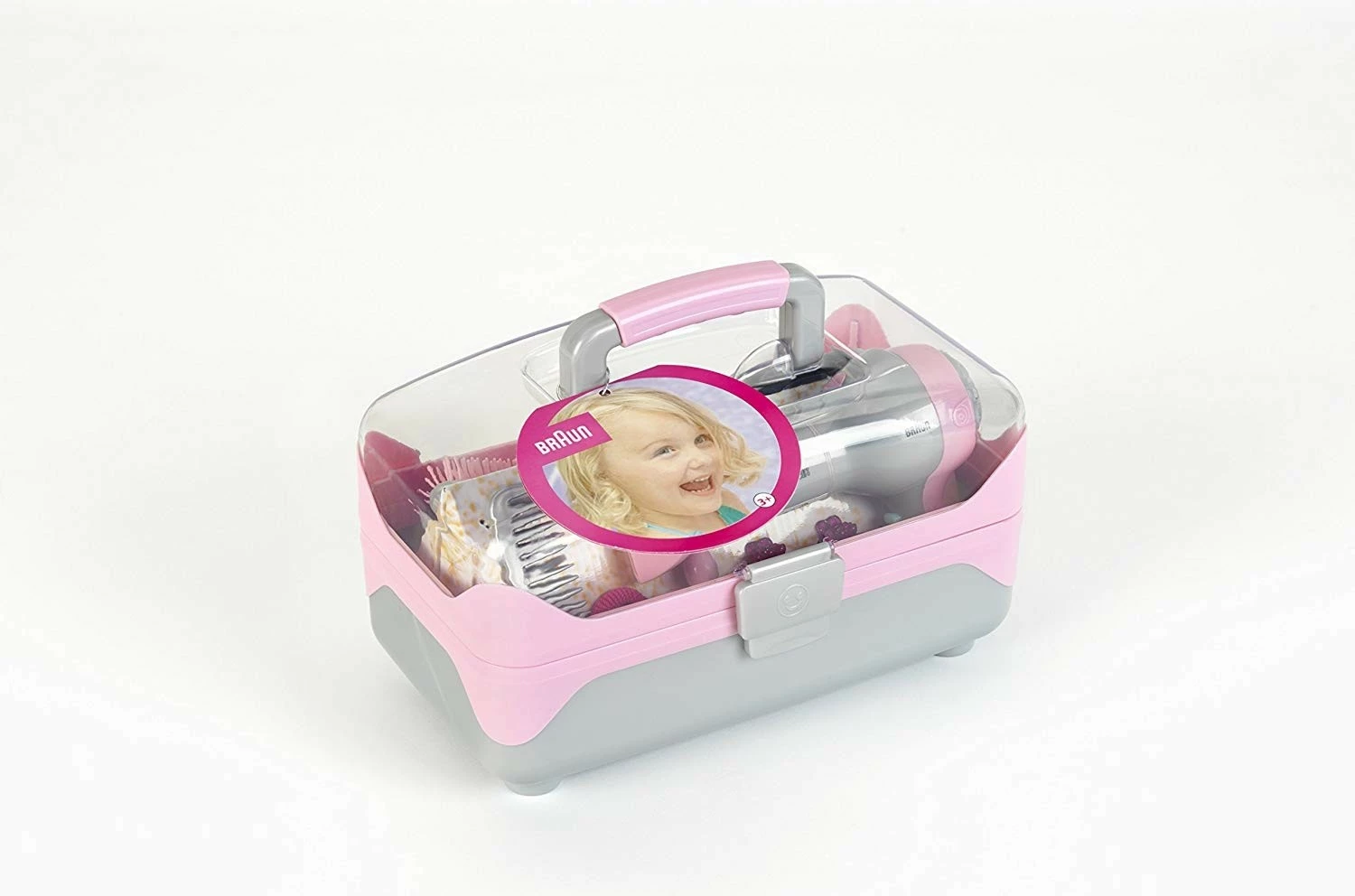 Komplet za frizerstvo, igrača sušilnik na baterije, plastičen kovček s prozornim pokrovom, za otroke 3+, rožnato/siv - Klein Braun 5862