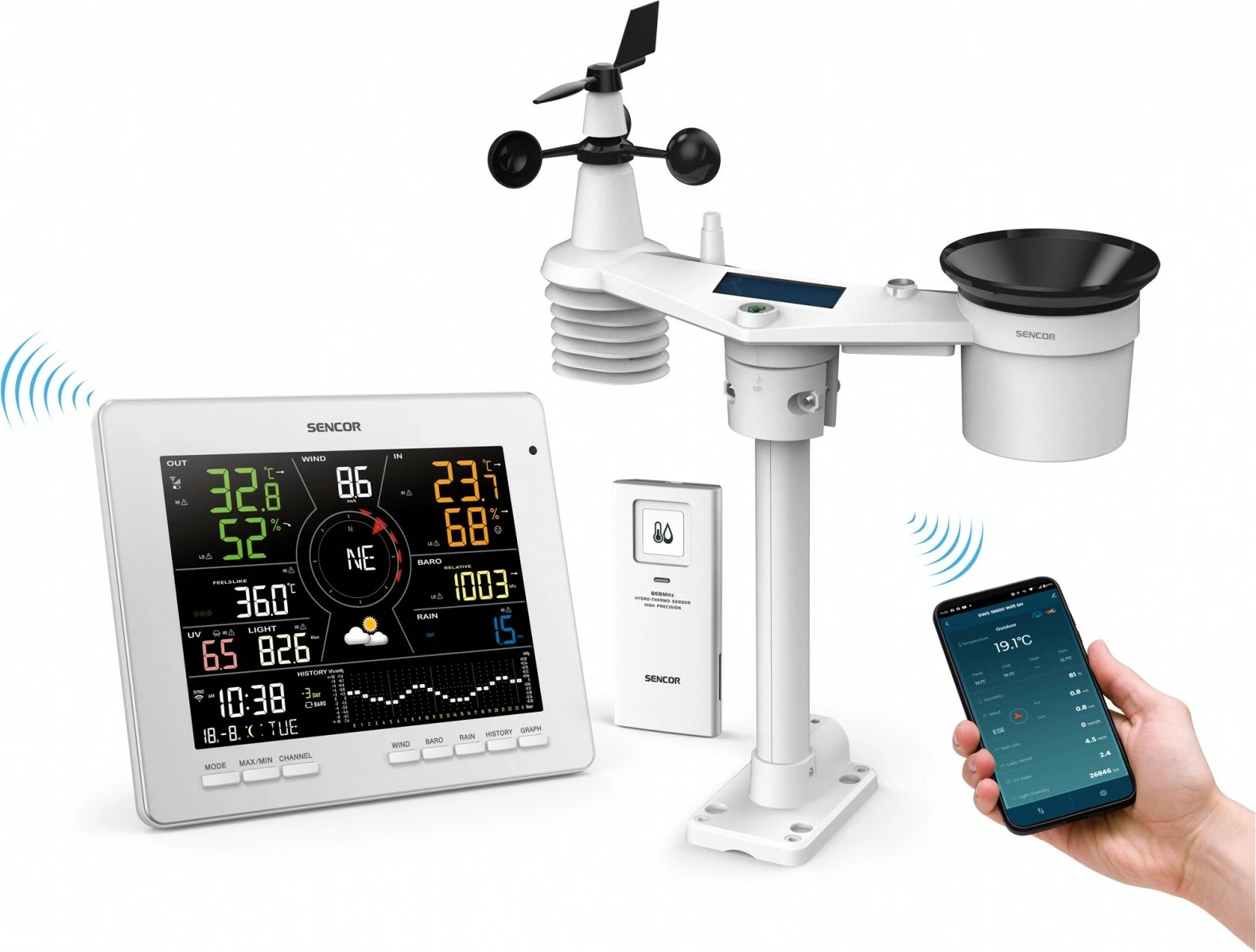 Pametni vremenski stolp Sencor SWS 16600 WiFi SH, 7-v-1 brezžični senzor in TH, bel