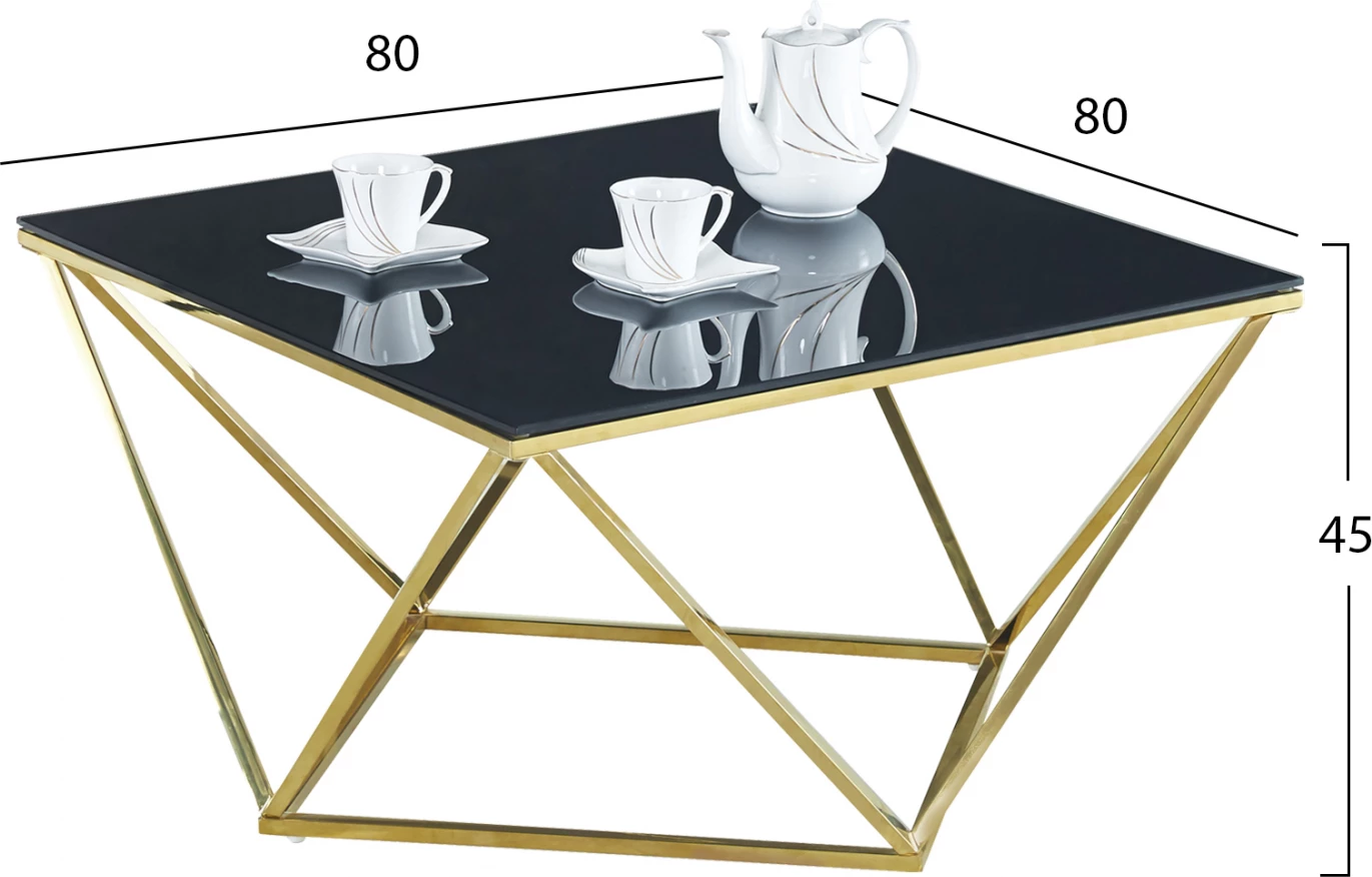 Klubska miza Willow FH8613.01 s črnim steklom in pozlačeno osnovo 80X80X45 cm