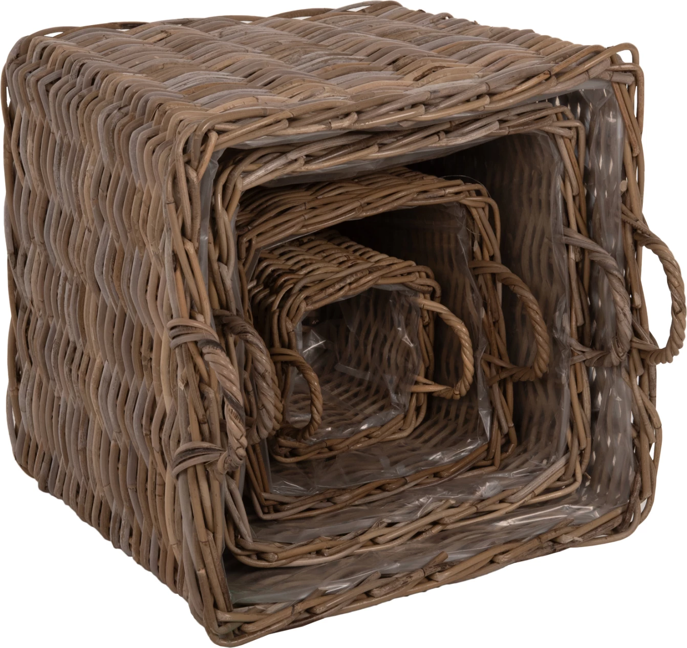 Dekorativne košare KATER 4 kosi FH9657 KUBU ratan v sivi barvi 52x52x50-57H cm