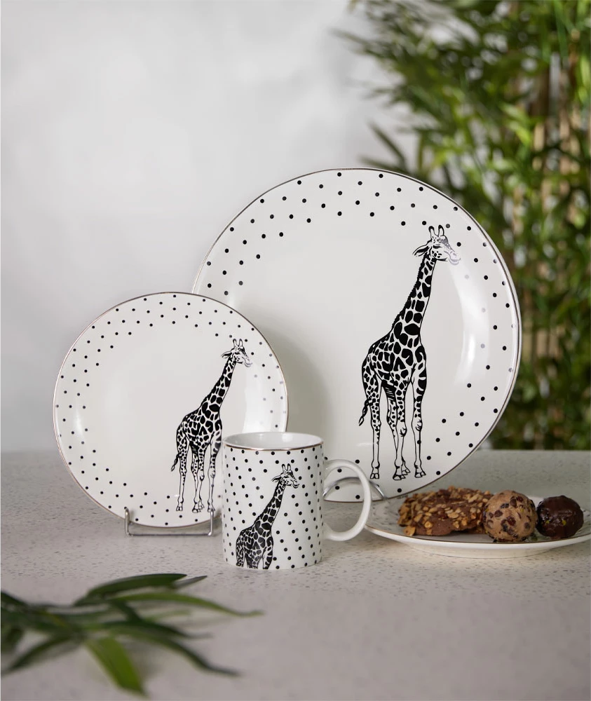 Set za sladice, 7 kosov, porcelan New Bone China, črno-bela, 30x30x3 cm AFRICA