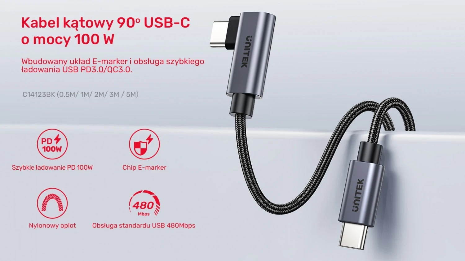Kabel USB-C z 90° kotom PD 100W 0,5 m, črno-siv - Unitek