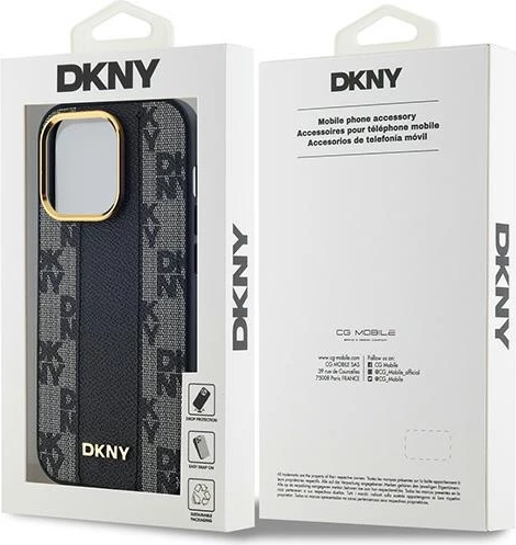 Ovitek iz usnja z vzorcem DKNY, MagSafe za iPhone 14 Pro Max, črn