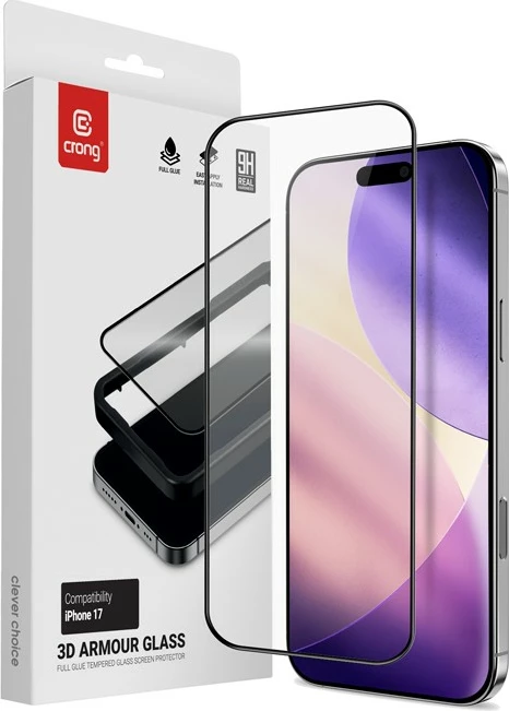 3D kaljeno steklo, CRONG, za iPhone 17, 0,33 mm, 92% prosojnost, pokritje od roba do roba, montažni okvir, črno