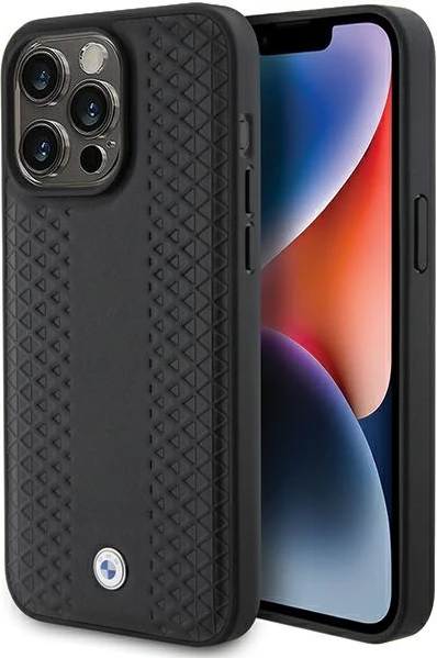 Zaščitni ovitek z vzorcem diamantne kože BMW za iPhone 15 Pro Max, črn