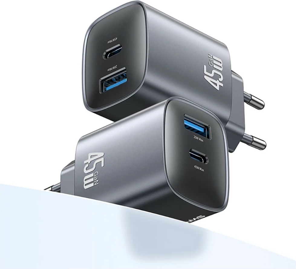 Stenski polnilec GaN 45 W, USAMS CC290 T66 (USA001666), 1x USB-C + 1x USB-A, PD/QC, črn