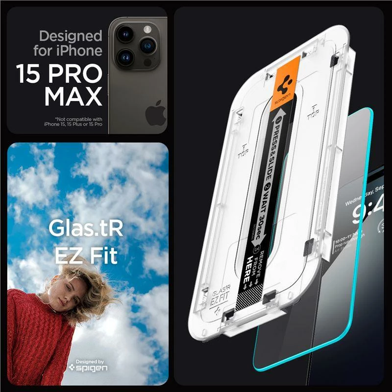 Zaščitno kaljeno steklo Glas.tR EZ Fit, Spigen, za iPhone 15 Pro Max, 0,2 mm 9H, 2 kosa