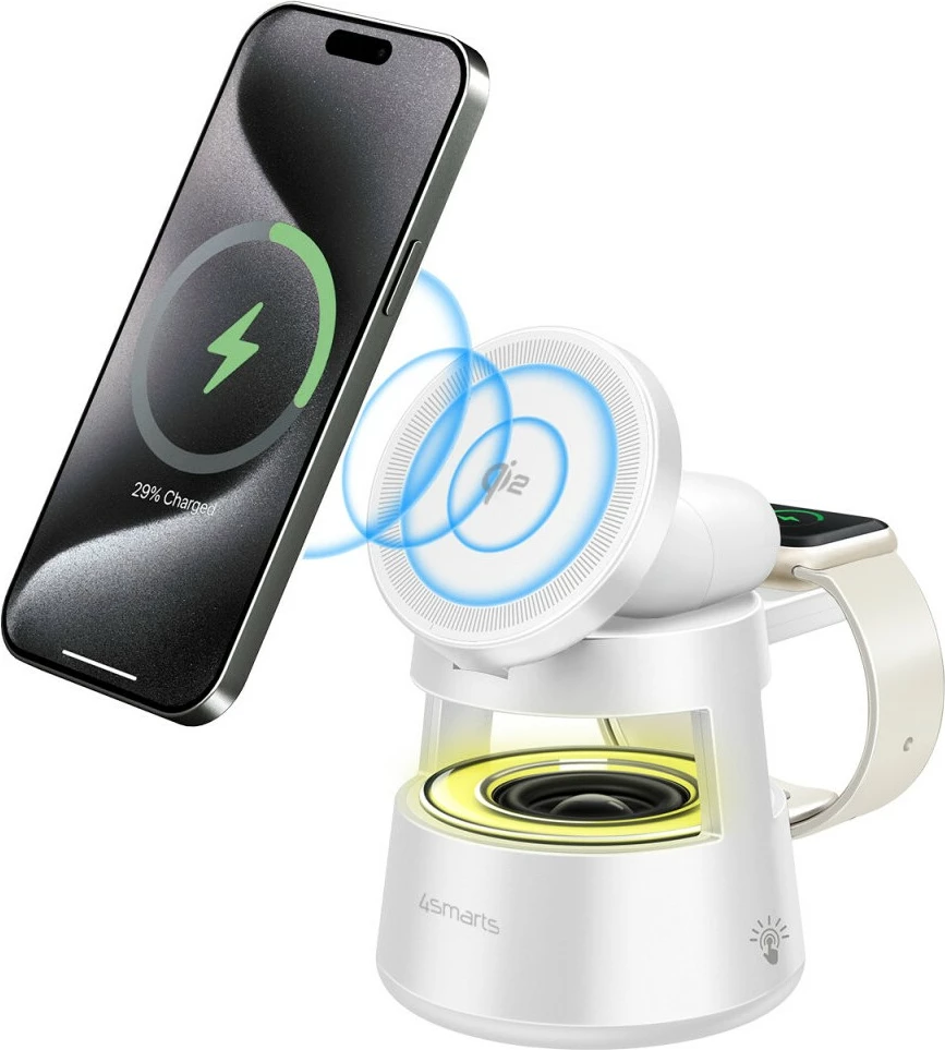 Brezžični polnilec z zvočnikom 4smarts Aura Sound, Qi2, Bluetooth 5.1, 15W, bel