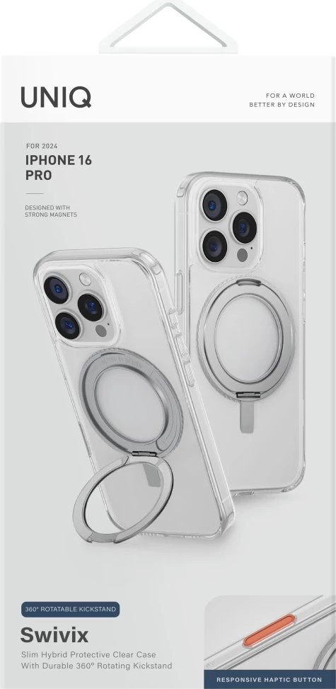 Prozoren ovitek UNIQ Swivix 360 z vrtljivo kovinsko nogico za iPhone 16 Pro