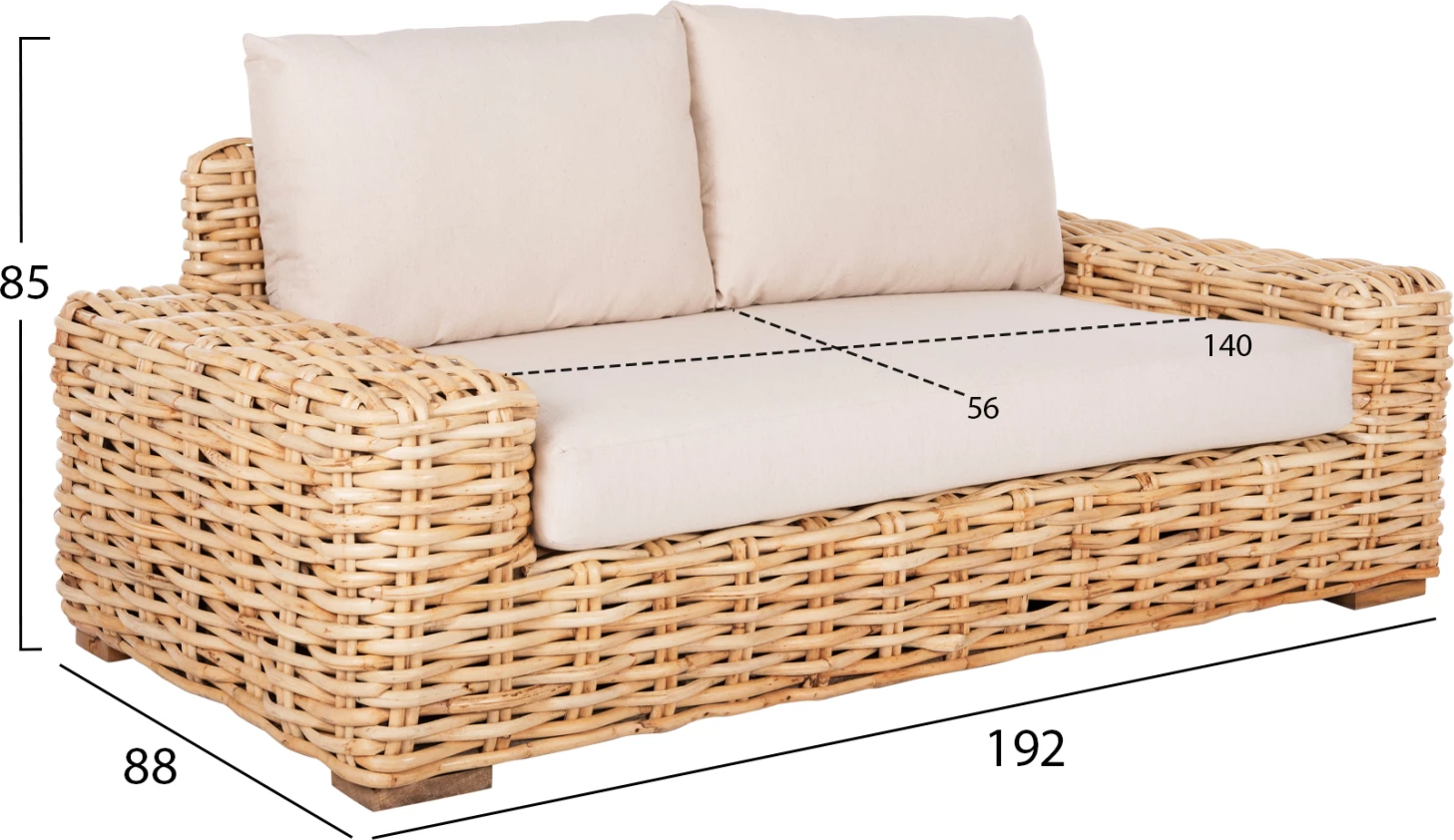 Zunanja dvosedna sedežna garnitura TROPEL FH9809 iz mangovega lesa in naravnega ratana z belimi blazinami 192x88x70-85H cm