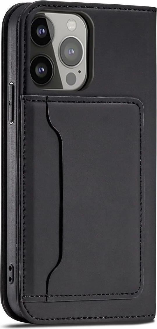 Ovitek za telefon z magnetno denarnico in nosilcem Hurtel Magnet Card Case za iPhone 13 Pro, črn