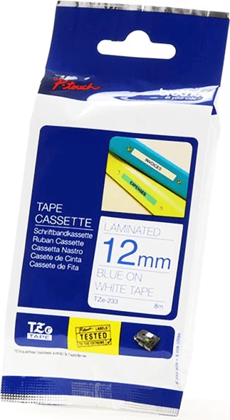 Etiketni trak, Brother TZe-233, 12 mm x 8 m, laminiran, modri na belem ozadju