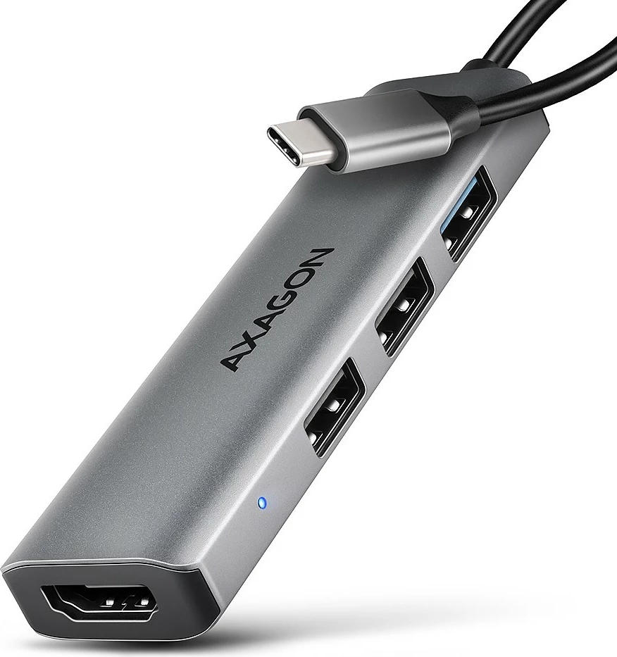 Večportni USB razdelilec 4 v 1 AXAGON HMC-H3A, 5 Gbps, 3x USB-A + HDMI 4K, kovinsko ohišje, USB-C, siv