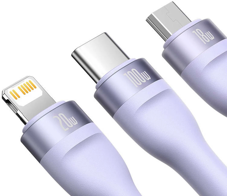 Kabel 3-v-1, 1,5 m, 100 W, USB-C + micro USB + Lightning, vijoličen Baseus Flash Series 2