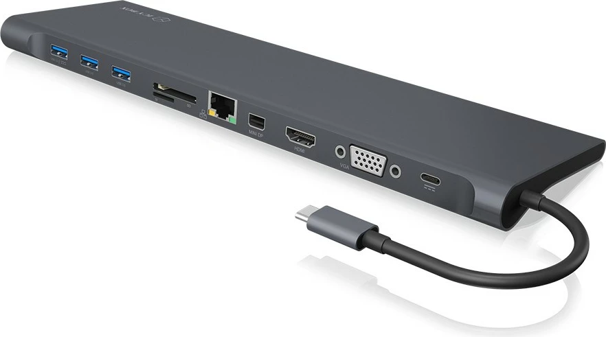 Docking postaja ICY BOX IB-DK2102-C, USB Type-C, 3x USB 3.0, HDMI, Mini DisplayPort, VGA, Gigabit LAN, 100W, antracit/črna