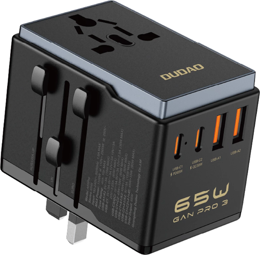 Potovalni adapter Dudao A65Pro, 65 W, 2x USB-C, 2x USB-A, črn