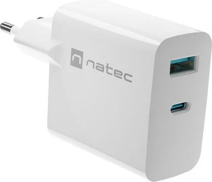 Stenski polnilec GaN, Natec Ribera, 45W, 1x USB-A + 1x USB-C, bel
