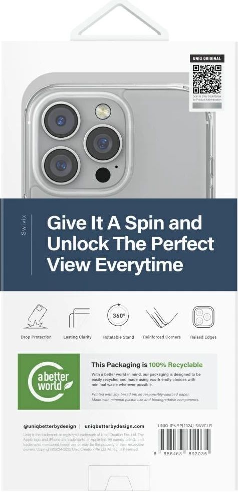 Ovitek za telefon UNIQ Swivix 360 z vrtljivim stojalom za iPhone 16 Pro Max, prozoren