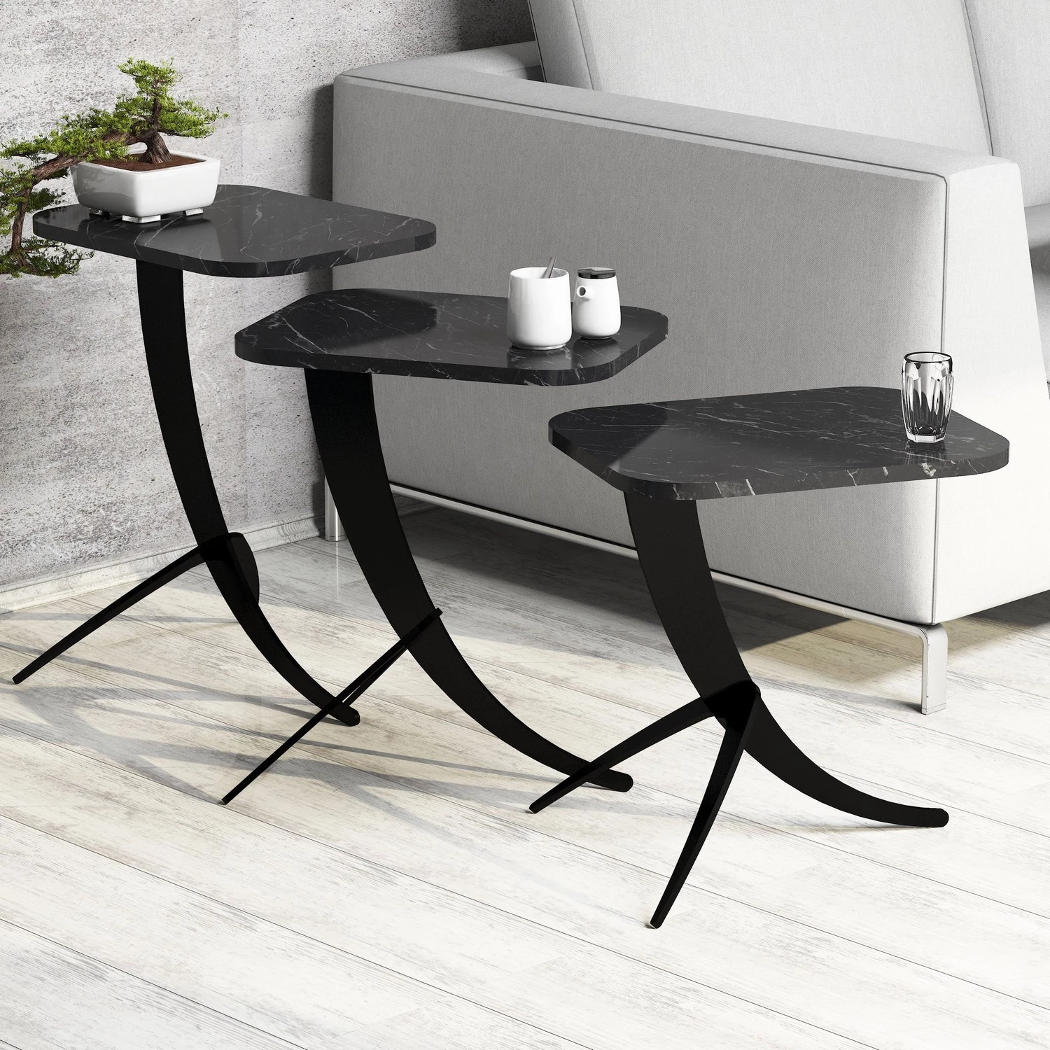 Stranske mize 3 kosi FH9508.02 melamin črni marmor videz-črne kovinske noge 35x45x60H cm