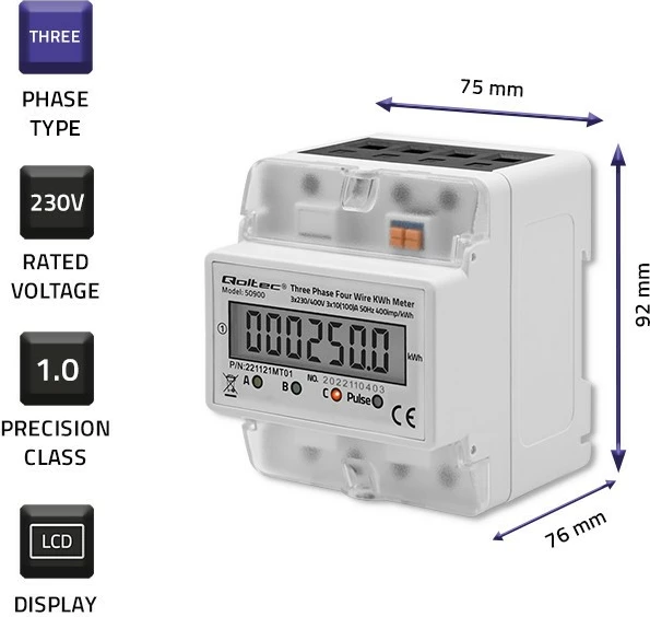 Trofazni merilnik energije Qoltec 50900, LCD, montaža na DIN letev, siv