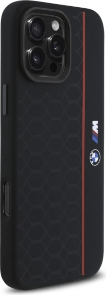 Silikonski ovitek za iPhone 16 Pro Max, šestkotni z rdečo črto, združljiv z MagSafe — BMW, črn