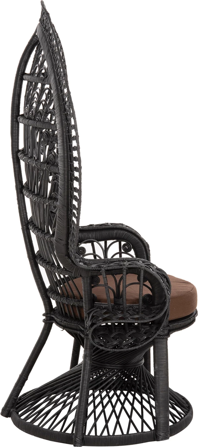 Kraljevski pavov naslanjač FH9342.03 iz ratana v črni barvi - blazina rjava 114x72x150H cm