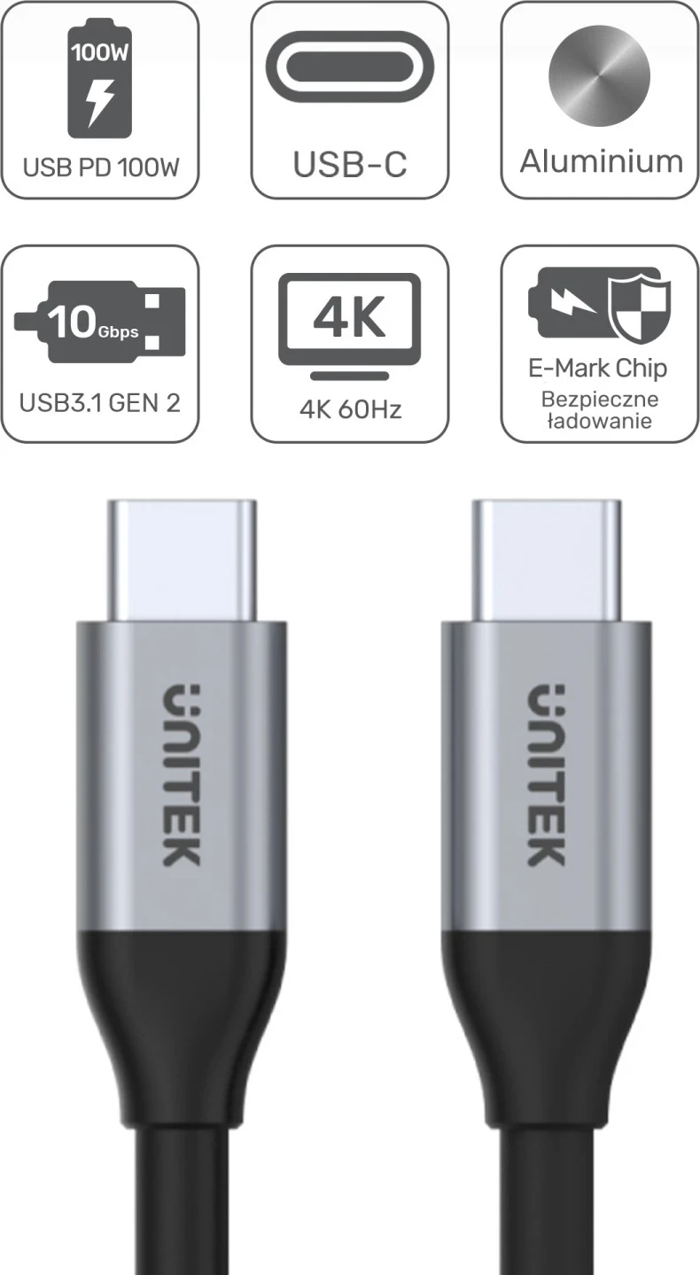 USB-C kabel za USB-C Unitek, 10Gbps, 4K 60Hz, 20V/5A, črn