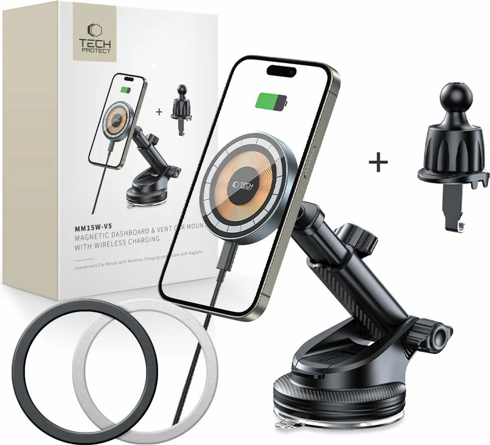 Magnetni nosilec z brezžičnim polnjenjem Tech-Protect MM15W-V5 za avto, MagSafe, 15W, črn