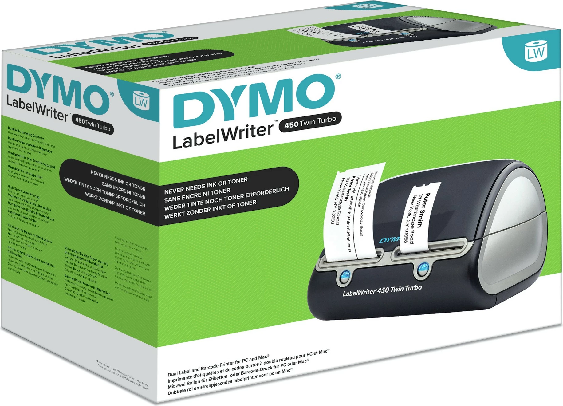 Etiketni tiskalnik Dymo LabelWriter 450 Twin Turbo, neposredni termični, 600 x 300 DPI, črn/srebrn