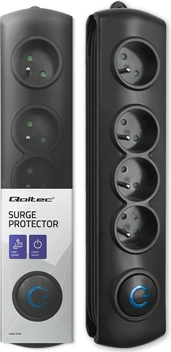 Razdelilec z zaščito pred prenapetostjo Qoltec 50105, 4 vtičnice, 2,5 m, črn