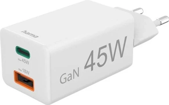 Mini GaN omrežni polnilec 45W, Hama, 1x USB-C, 1x USB-A, bel