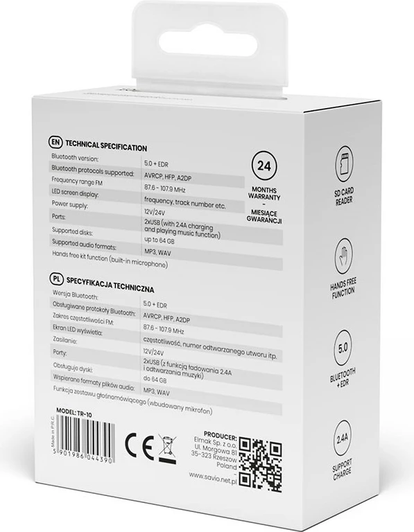 FM oddajnik Bluetooth, Savio TR-10, 87 - 107 MHz, črno/rdeč