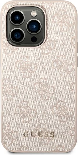 Ovitek za telefon za iPhone 14 Pro Max 6,7", trdo ohišje, umetno usnje, roza, Guess GUHCP14XG4GFPI