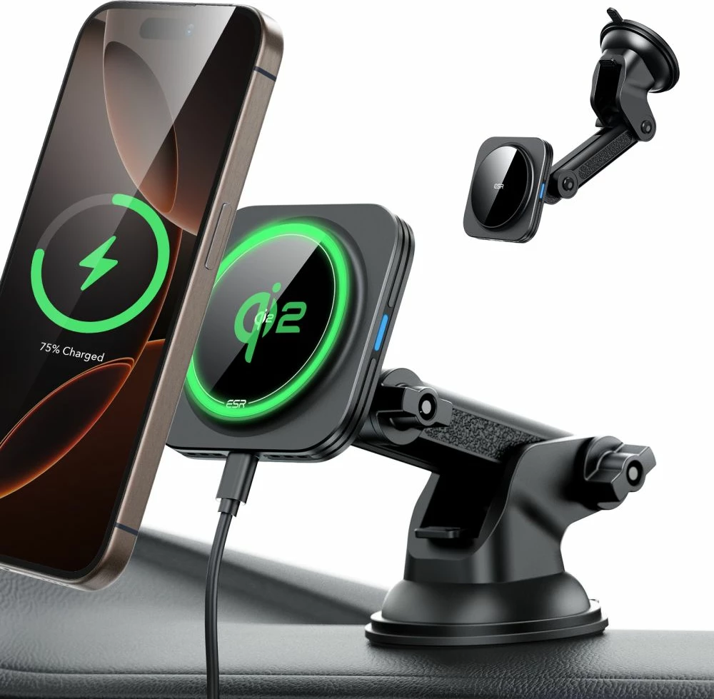 Magnetni avtomobilski nosilec za hitro brezžično polnjenje 15W ESR HaloLock MagSafe Qi2, črn