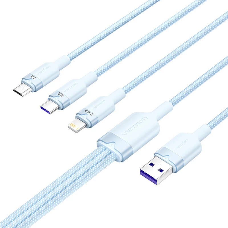 3-v-1 kabel za polnjenje in podatke, Vention CTRLG, USB 2.0 A na USB-C/Lightning/Micro-B, 1,5 m, moder