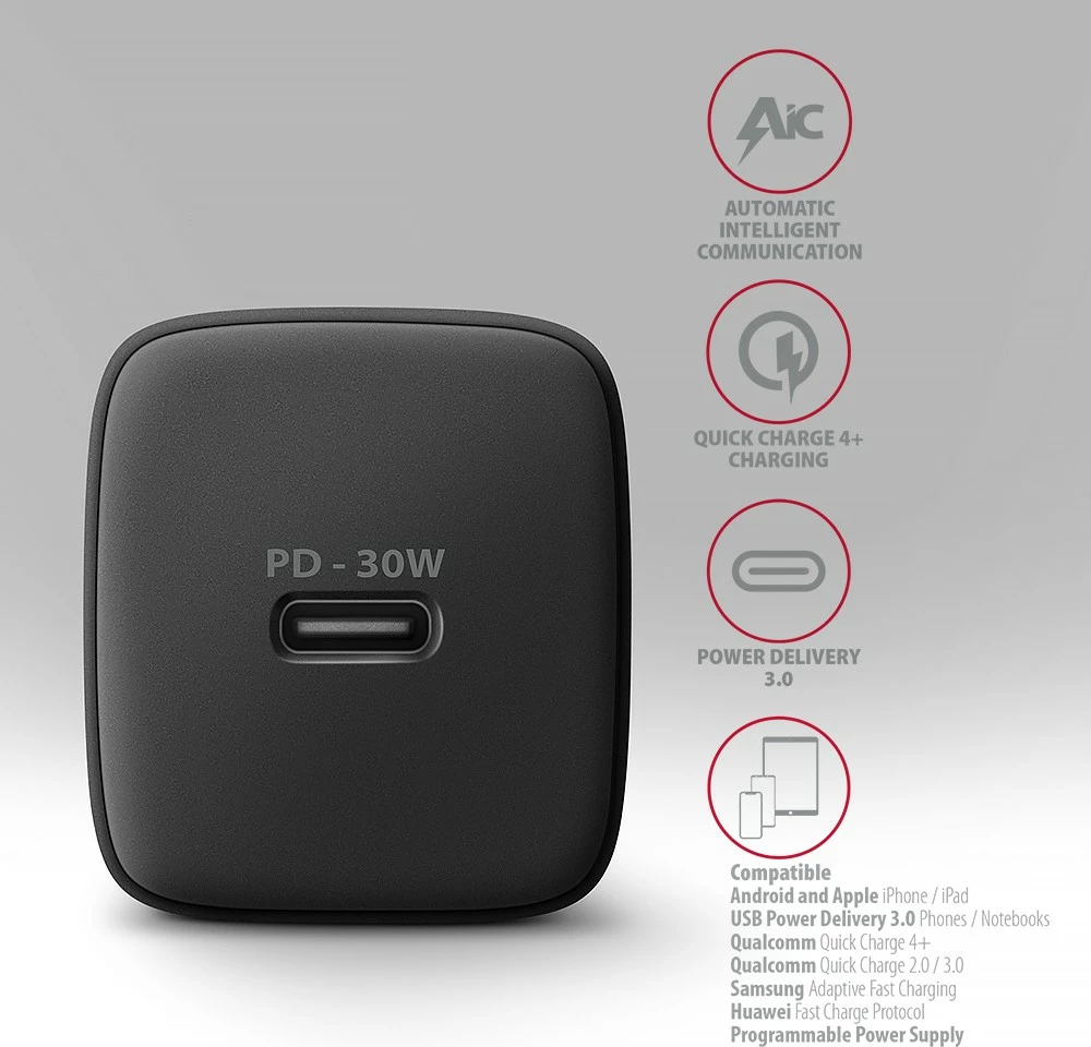 Stenski polnilec AXAGON ACU-PD30, 30W, 1x USB-C, črn