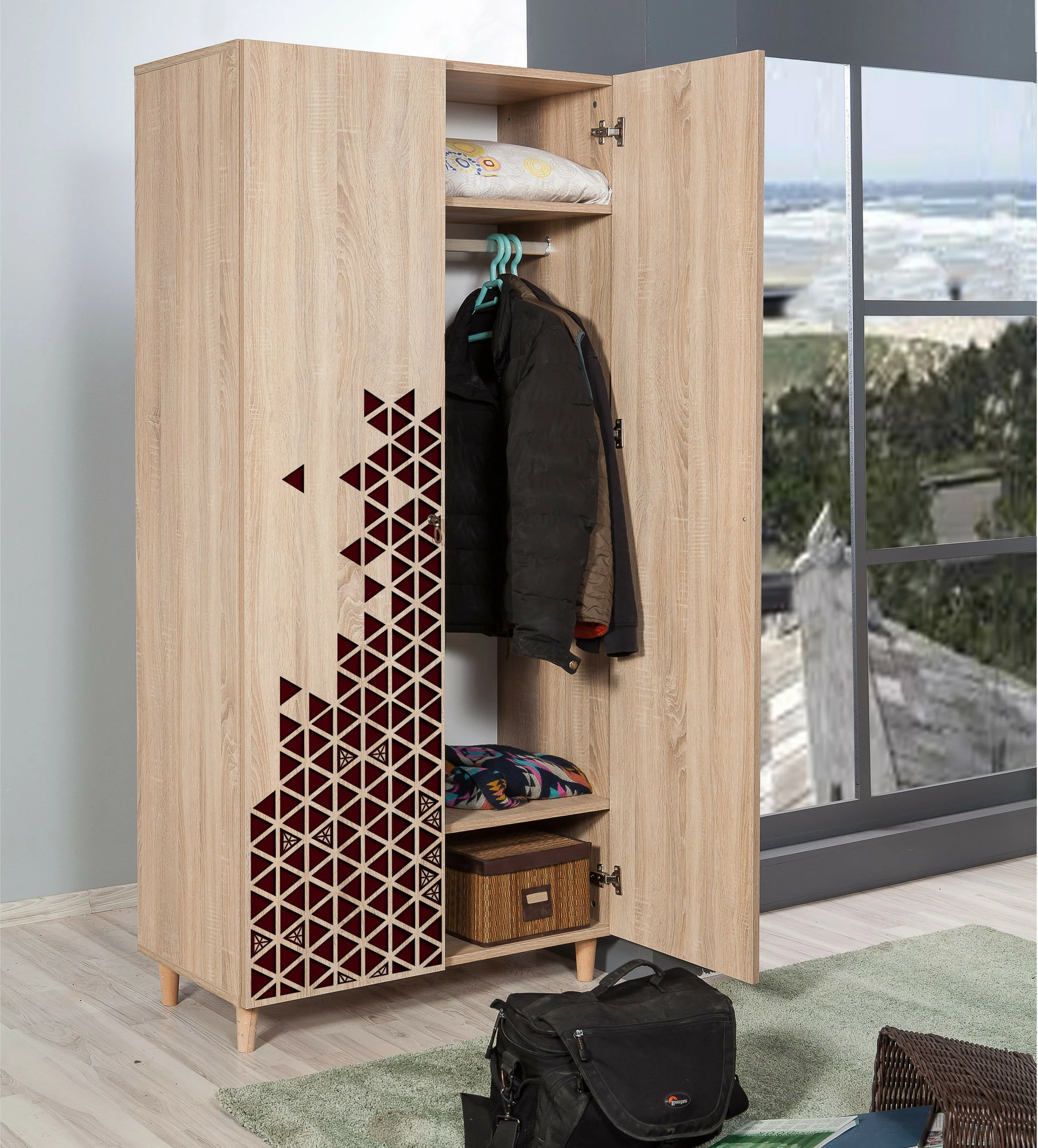 Modernden omara Sonoma oak, lesene noge, kovinski ročaji in vrvica, Stil - 122, Skye Decor, 90x192x52cm