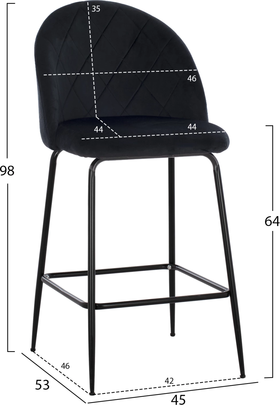Srednje visoki stolček ODED s kovinskimi nogami in črnim žametom 45x53x98 cm, set 2 kosov
