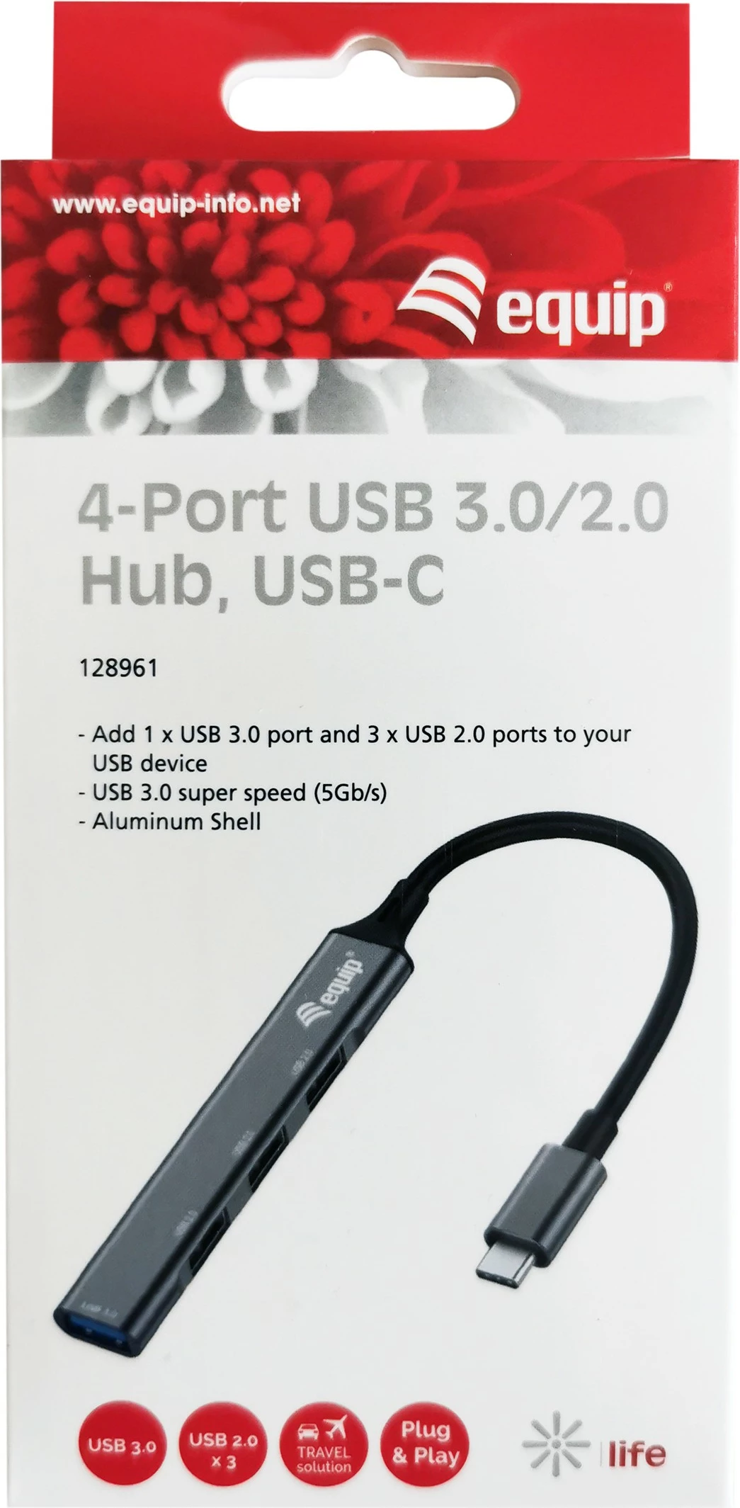 USB razdelilec 4 vrata, Type-C, alumin, črn/siv Equip