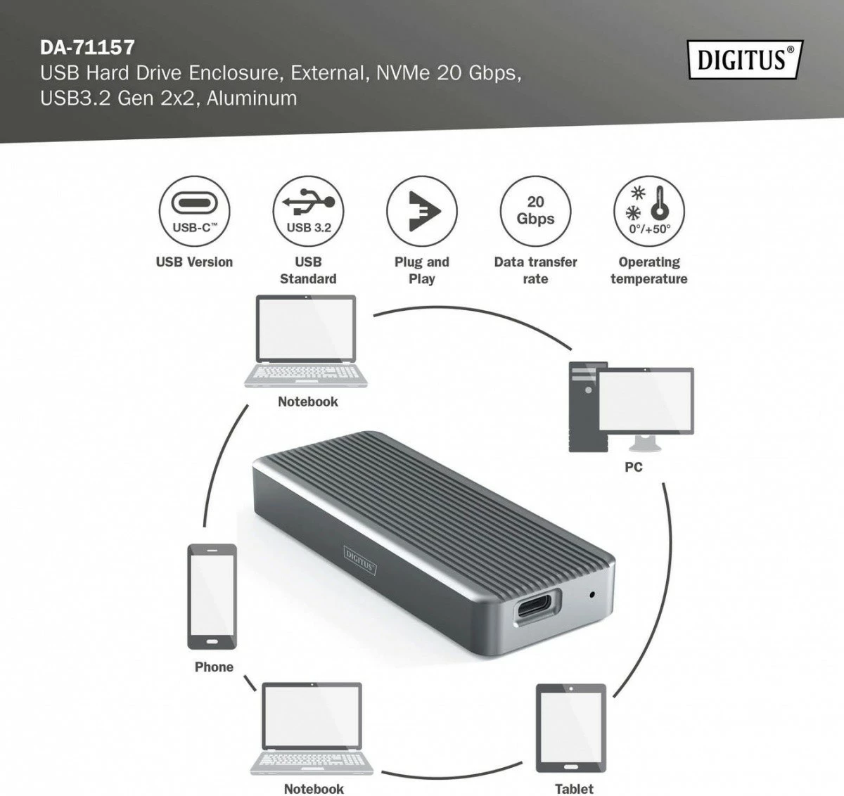 Računalniško ohišje za SSD M.2 NVMe Digitus DA-71157, USB 3.2 Type-C, 20 Gb/s, aluminij, sivo
