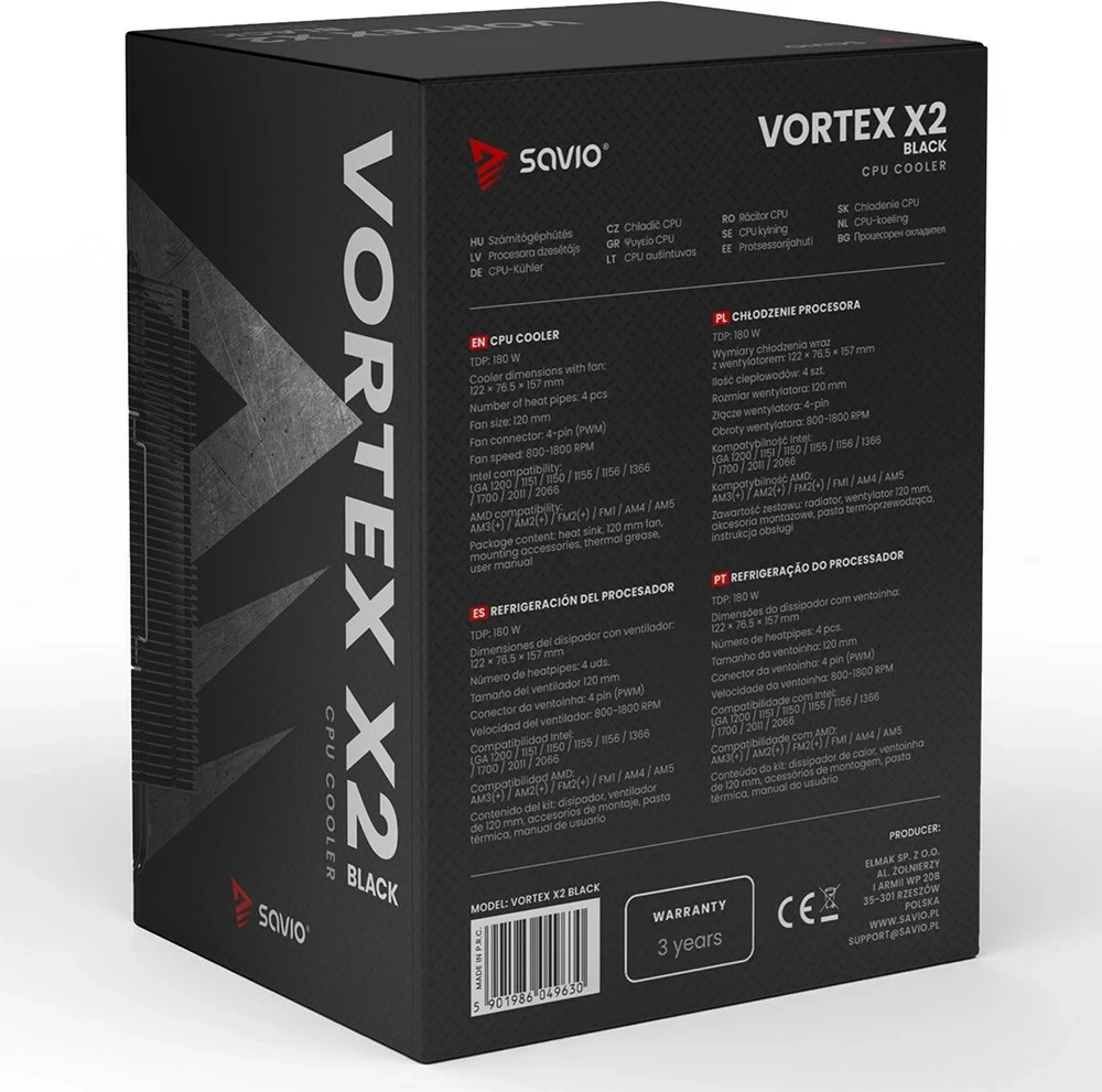 Hlajenje procesorja SAVIO VORTEX X2 BLACK, 12 cm, črn