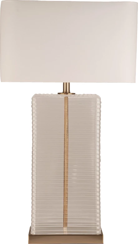 Namizna svetilka Eleven, prozorno steklo, zlati detajli, beli senčnik, 47x25x83 cm