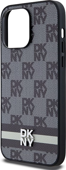 Ovitek za telefon s karo vzorcem in potiskanim črtami, DKNY Leather — za iPhone 14 Pro Max, črn