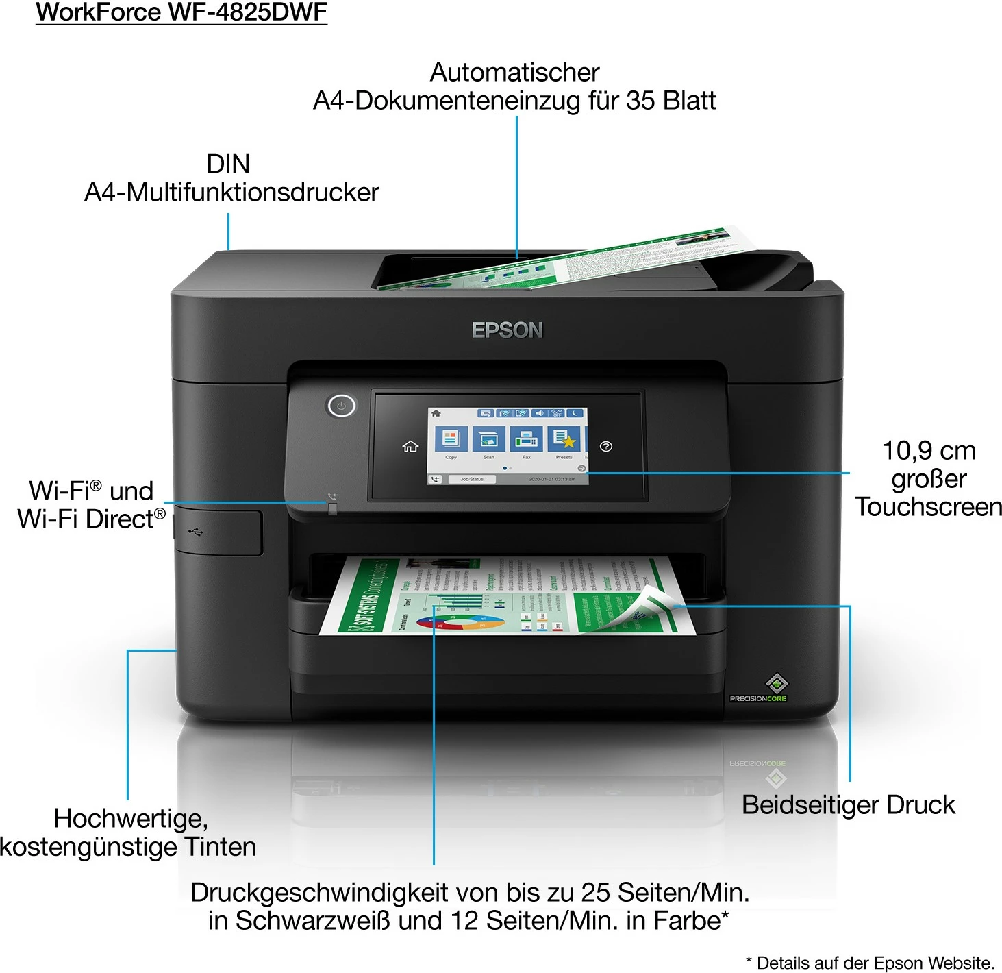 Večfunkcijski tiskalnik Epson WorkForce Pro WF-4825DWF, zaslon na dotik, Wi‑Fi, Ethernet, črn