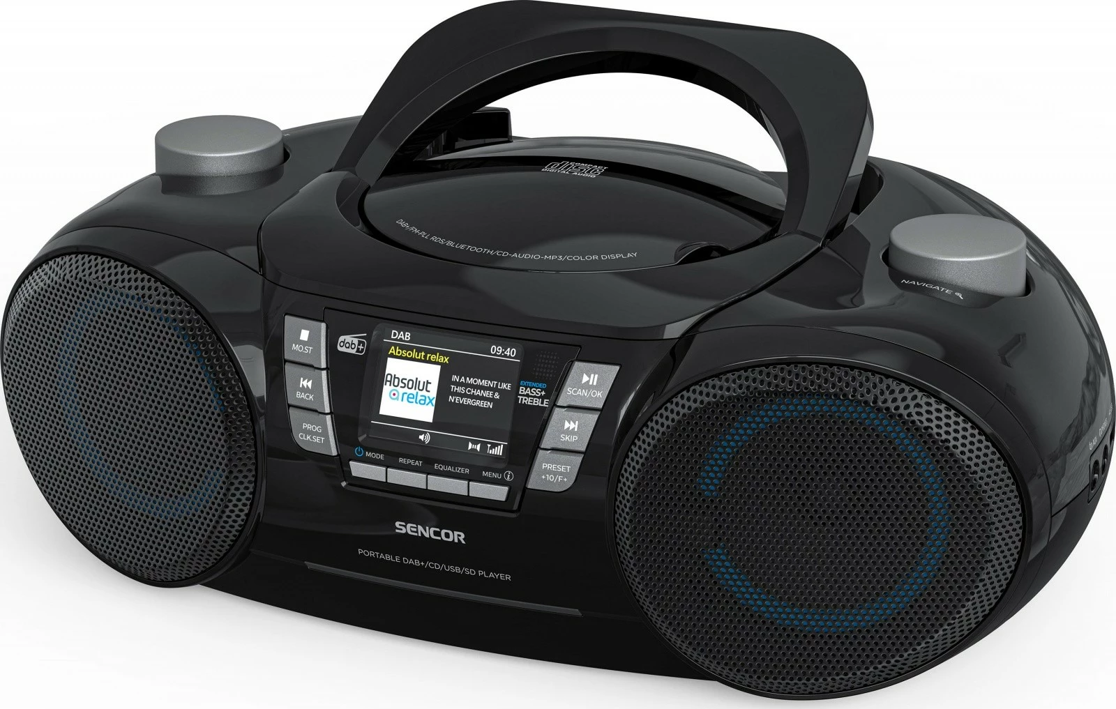 Prenosni boombox radio CD, Sencor SPT 6510DB, DAB+, Bluetooth 5.3, 16 W, LCD zaslon 2,4", črn