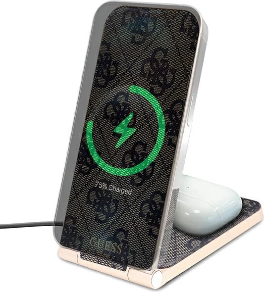 Indukcijski polnilec 2‑v‑1 z vzorcem Guess MagSafe, 15 W, zložljiv, rjav