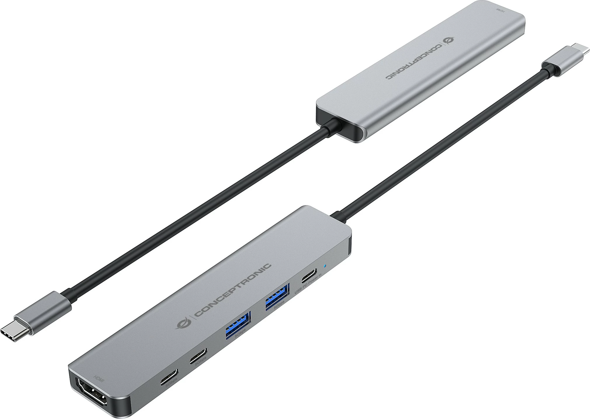 Docking postaja 6-v-1 Conceptronic, USB-C v HDMI/2xUSB-A/2xUSB-C, 25 cm, siva