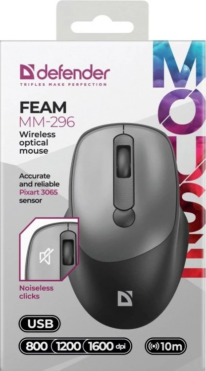 Brezžični tihi miška Defender FEAM MM-296 RF, siva
