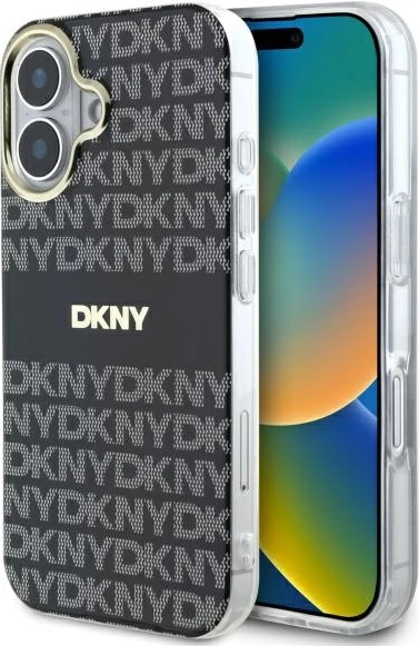 Ovitek z vzorcem DKNY Repeat Texture in črto za iPhone 16, črn